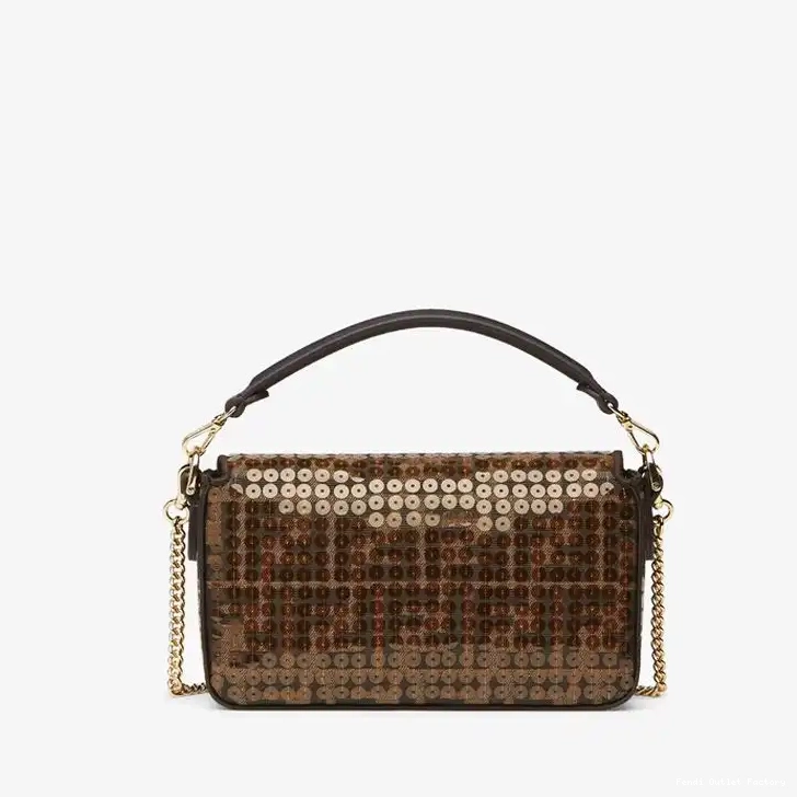 Vintage HOT Brown Sequins Motif Fabric FF Baguette Fendi Bag In Mini with 0702